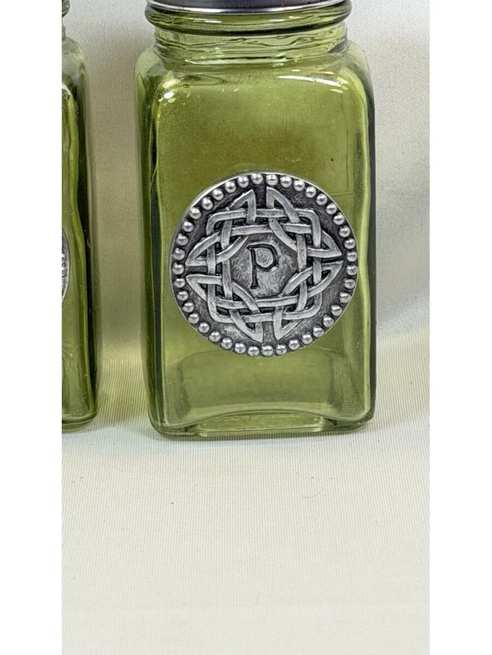 Grasslands Road Celtic Salt And Pepper Shaker Green Glass, Pewter